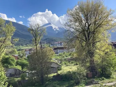 a town with a mountain in the background with trees at Ruhig in den Bergen Bulgariens in Bansko