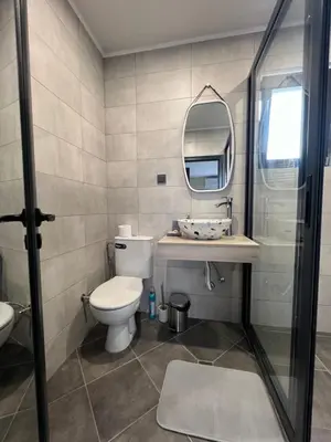 a bathroom with a toilet and a sink and a mirror at Къщи за гости 