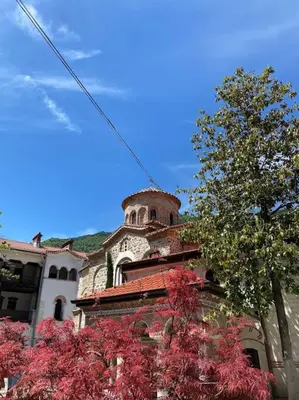 a building with a tower and a tree with red leaves at Beautiful Villa in the Rodopi Mountains in Narechen