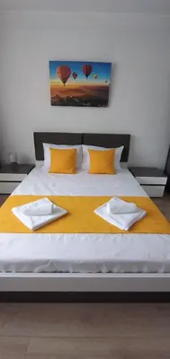 a bed with two pillows and two hot air balloons at Къща Росена - стаи за гости in Devin