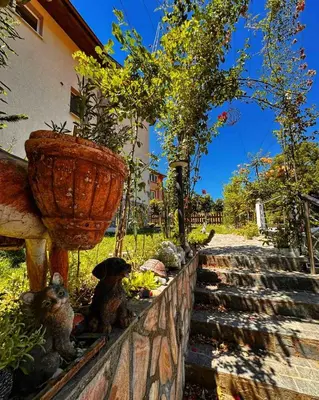a group of stuffed animals sitting on a stone wall at Къща за гости Димитрови guest house Dimitrovi in Devin