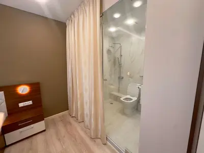 a bathroom with a shower and a toilet in it at Luxury Apartments 1 in Sofia