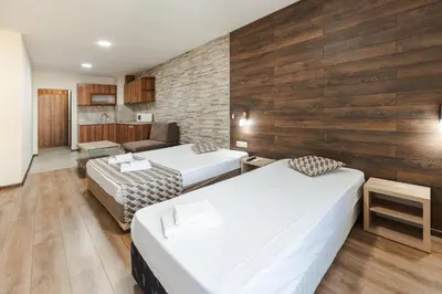 a room with two beds and a brick wall at Dias in Sandanski