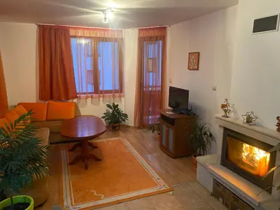 a living room with a couch and a fireplace at Nevena Apartments in Bansko
