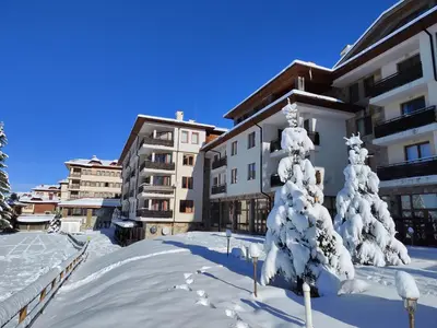 a snow covered tree in front of a building at Panorama Stoykite Belvedere in Stoykite