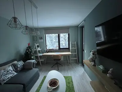 a living room with a couch and a christmas tree at Borovets Gardens Apartment B15 in Borovets