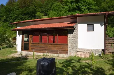 a small house with a black bag in front of it at Вила Идилия in Ribarica