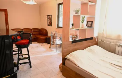 a bedroom with a bed and a living room at Urban Oasis Studio in Sofia