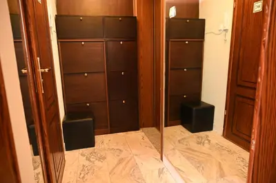 a walk in closet with wooden cabinets and a mirror at Urban Oasis Studio in Sofia