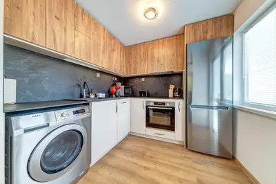 a kitchen with a washer and dryer in it at Rhodope Escape - Modern 1BR Apartment with Balcony & Free Parking in Smolyan