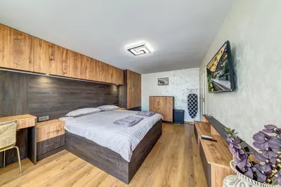 a bedroom with a large bed and a wooden wall at Rhodope Escape - Modern 1BR Apartment with Balcony & Free Parking in Smolyan
