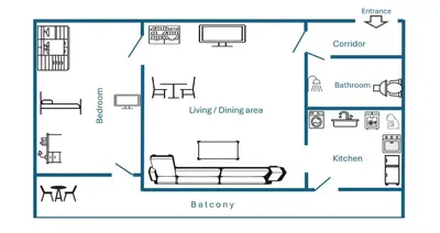 a floor plan of a living room with a couch at Rhodope Escape - Modern 1BR Apartment with Balcony & Free Parking in Smolyan