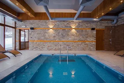 a swimming pool in a room with a brick wall at Spa Villas Daffi in Smolyan