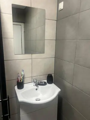 a bathroom with a sink and a mirror at Pirotska Cozy Room in Sofia