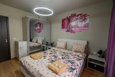 a bedroom with a bed with two pillows on it at Top Center Retreat, Near AUBG FREE Parking in Blagoevgrad