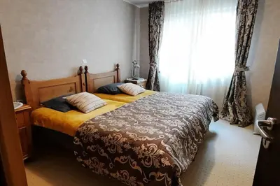 a bedroom with a large bed and a window at The snug apartment near the brimming mountains in Bansko