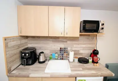 a kitchen counter with a sink and a microwave at Swan7 Studios in Plovdiv