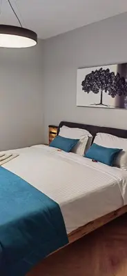 a bedroom with a large bed with blue pillows at Apartmenthaus Oborishte - 24 in Panagyurishte