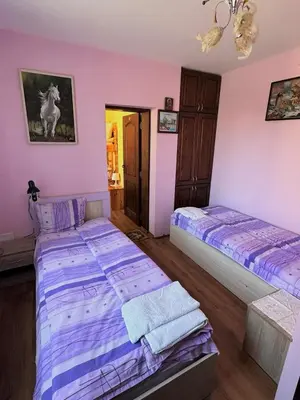 two beds in a room with purple walls at Tainov House in Samokov