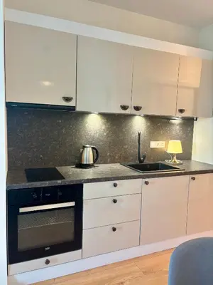 a kitchen with white cabinets and a stove top oven at MyCampus UNWE Studentski Mountain Views Modern Kitchen Equipment in Sofia