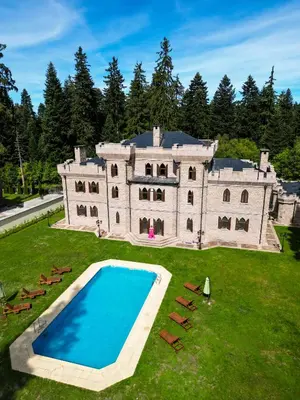 an aerial view of a large house with a swimming pool at The Castle - Your unique way of retreat in Borovets