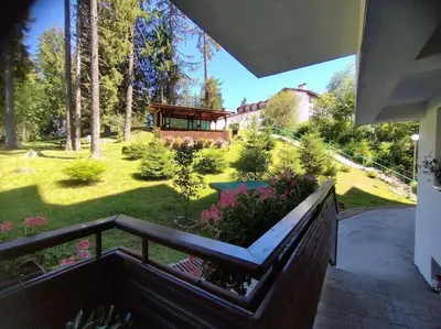 a view of a garden with a house at Aпартамент Тити in Pamporovo