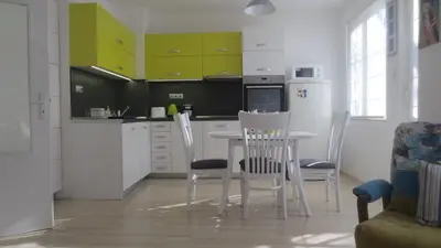 a kitchen with green cabinets and a table and chairs at Apartment Sophie in Plovdiv