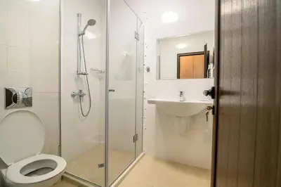 a bathroom with a shower and a toilet and a sink at Complex Jitari in Zhitnitsa