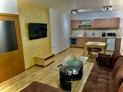 a living room with a couch and a table and a kitchen at PAMPOROVO Raikovski lodge in Pamporovo