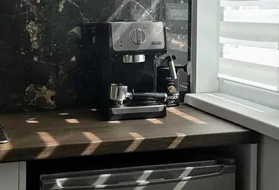 a coffee maker sitting on top of a kitchen counter at Chill Out Urban Studio in Plovdiv