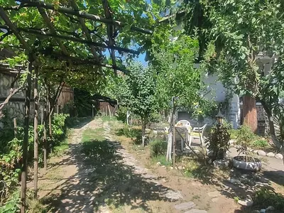a garden with trees and chairs on a dirt road at Dvata Smurcha Central Apartments - Free Parking in Bansko