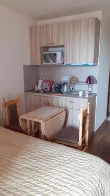 a small kitchen with a sink and a table at Hotel Grand Resor Pamporovo in Pamporovo