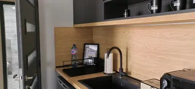 a kitchen counter with a sink and a bottle of water at Apartmenthaus Oborishte - 17 in Panagyurishte