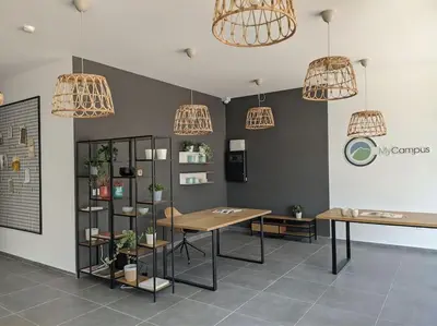 a room with a table and chairs and pendant lights at My Campus 1 bdrm, Romantic, Panorama view, Free parking, Self check-in in Sofia