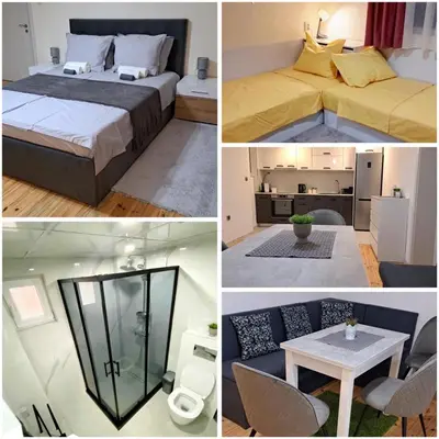 a collage of pictures of a bedroom and a living room at Apart Viki in Sandanski