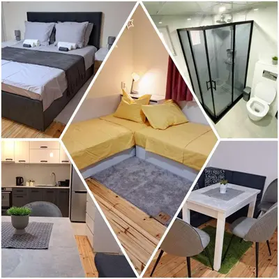 a collage of four pictures of a room at Apart Viki in Sandanski