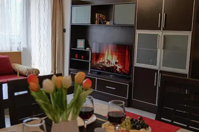 a living room with a tv and a table with flowers at SouthPark Luxe - Free Underground Parking - Metro in Sofia