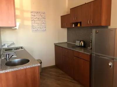 a kitchen with a sink and a refrigerator at Spacious 2 Bed Apartment Close To Gondola in Bansko