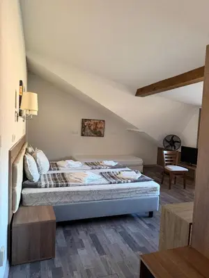 a bedroom with a bed in a attic at Mineral 56 in Banya