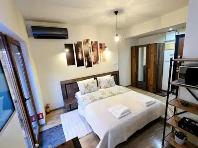 a small bedroom with a bed and a television at Apartment with veranda in Bansko