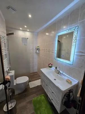 a bathroom with a sink and a toilet and a mirror at Apartment with veranda in Bansko