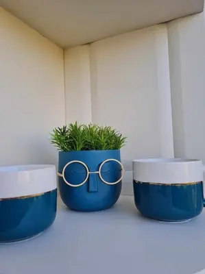 three blue pots with a plant and a pair of glasses at Домът на Билкарката in Plovdiv