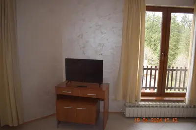 a television on a wooden stand in front of a window at Villa Park Guest Apartments in Borovets
