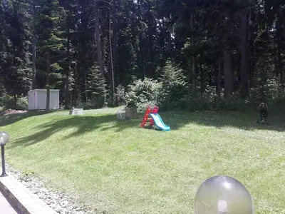 a child sitting on the grass in a yard at Villa Park Guest Apartments in Borovets