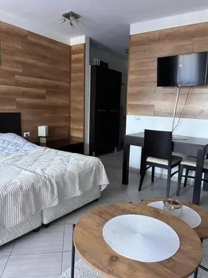 a bedroom with a bed and a table and a desk at B7 Luxury Studio Apartment in Green Life Bansko in Bansko