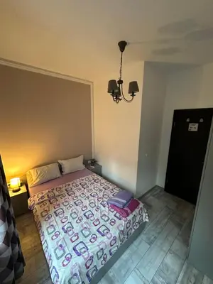 a bedroom with a bed and a chandelier at Comfort Guest Rooms in Plovdiv