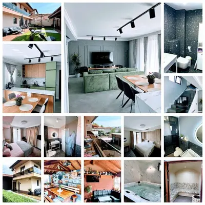 a collage of photos of a kitchen and a living room at Къща за гости Алегра in Garmen