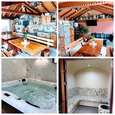 a collage of four pictures of a hot tub at Къща за гости Алегра in Garmen