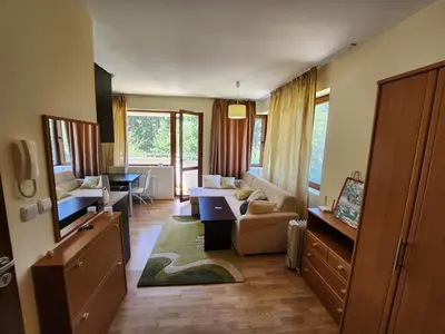 a living room with a couch and a table at Pine tree Easy Ski access - Next 100m to Ski slope and forest view in Bansko