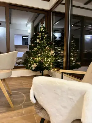 a christmasmas tree in a living room with chairs at ВИЛА ЯНА Villa Yana in Presoka